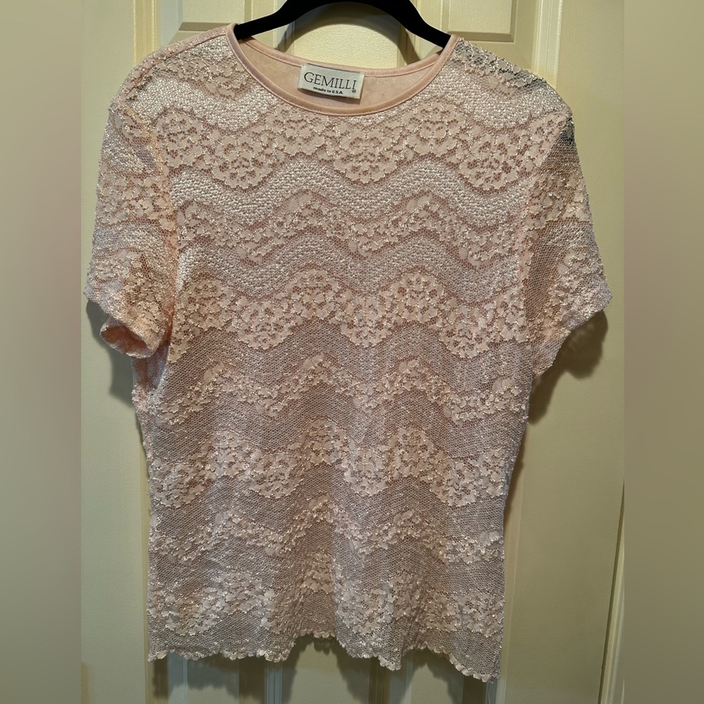GEMILLI Vintage Lace Overlay Lined Pastel Pink T-Shirt Top Made in USA